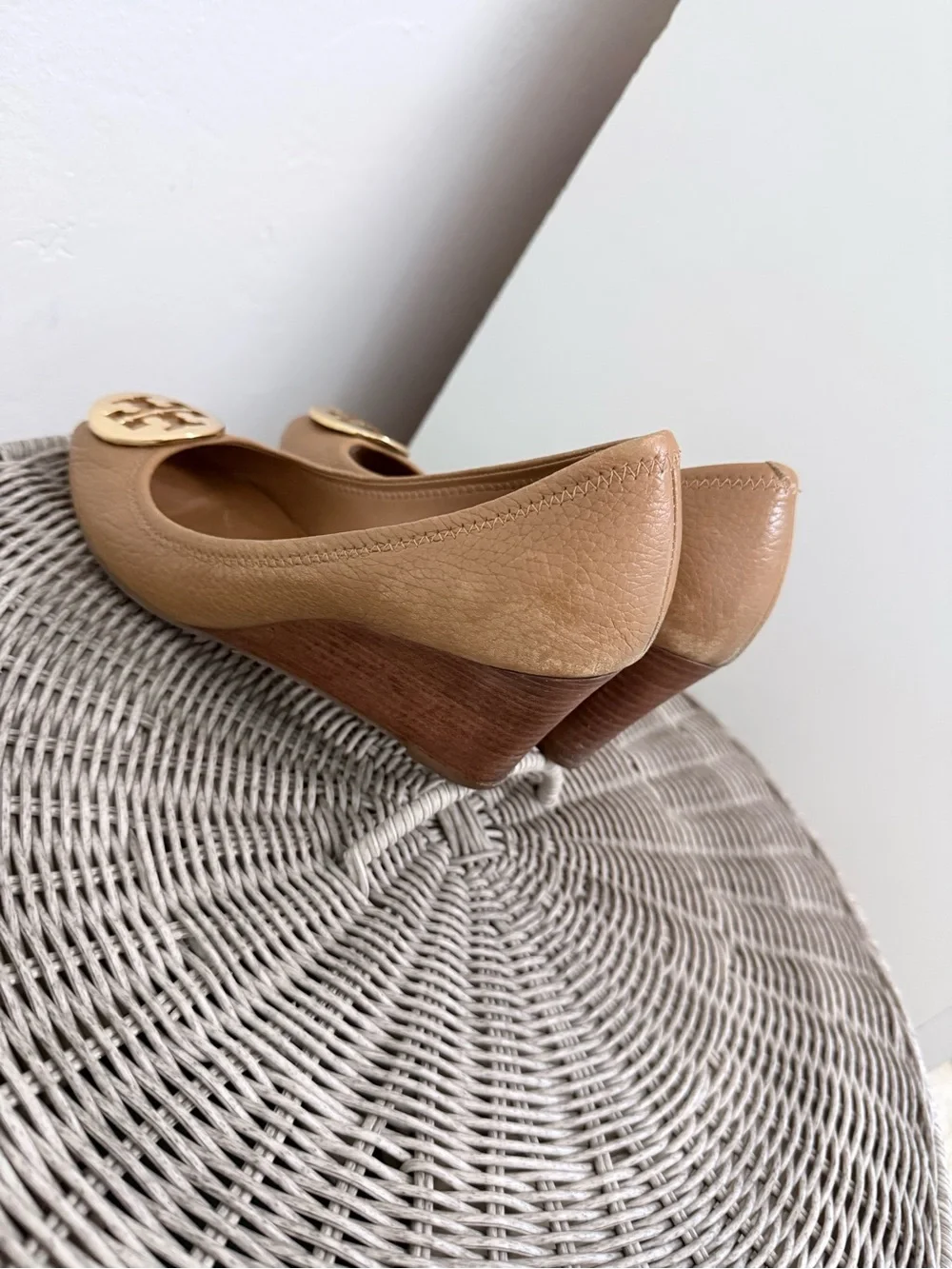 Tory Burch Camel Leather Peep-Toe wedges with Gold Logo Medallion